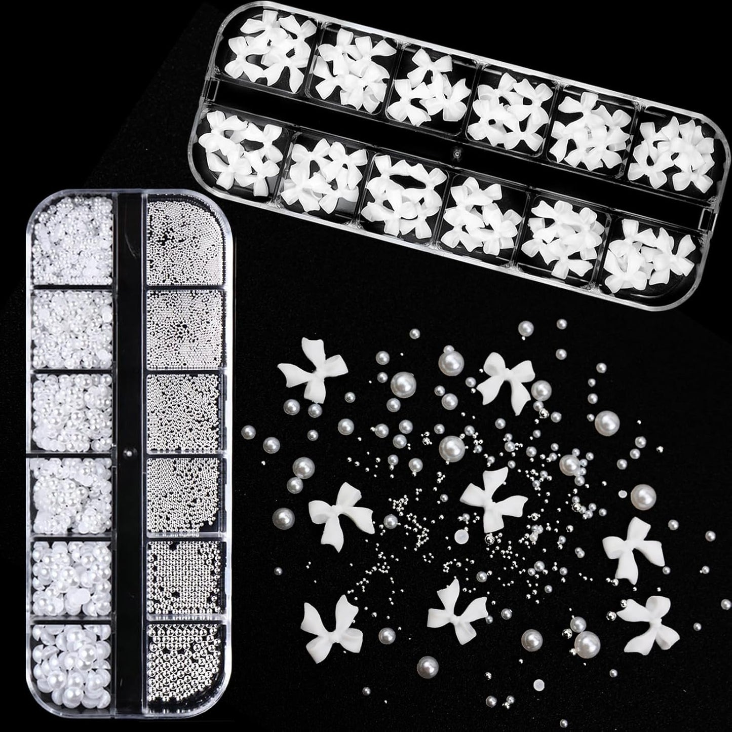 Bow Nail Art Charms with Rhinestones Glue Gel White Flatback Pearls Luxurious Nail Charms Supplies Accessories White Pearls Silver Steel Ball Nails Gems Jewelry for Women Nails Design-Velvo Beauty