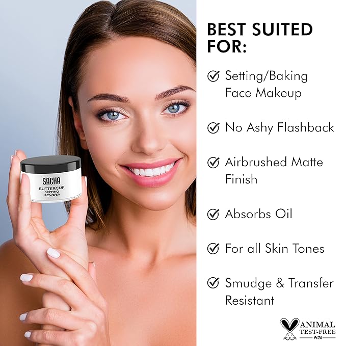 Sacha BUTTERCUP No Color Setting Powder Makeup 1.75 Oz. Translucent Setting Powder for Oily Skin Finishing Powder Loose Powder Makeup Blurring Powder Blurs Fine Lines and Pores For All Skin Tones-Velvo Beauty