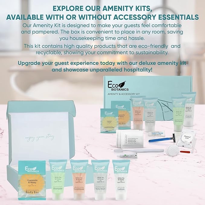 Eco Botanics Amenity & Accessory Kit | 0.85 oz Travel Size Shampoo, Conditioner, Lotion, Body Wash, Soap Bar, Shave & Dental Sets, Make-Up Remover Wipes, & Vanity Kit | 60 sets per case-Velvo Beauty