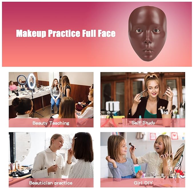 Makeup Practice Mannequin Face, 5d Reusable Silicone Makeup Practice Board Full Face with Makeup Brushes Sponge Set and Eyeshadow Board Makeup Kit for Emerging Makeup Artist, Girl's Gift-Velvo Beauty