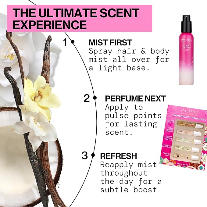Pacifica Beauty, Wanderlust Spray Perfume Trial Set, Island Vanilla, 5 Scents, Fragrance Sampler Gift Set, Natural & Essential Oils, Clean, Vegan & Cruelty Free-Velvo Beauty