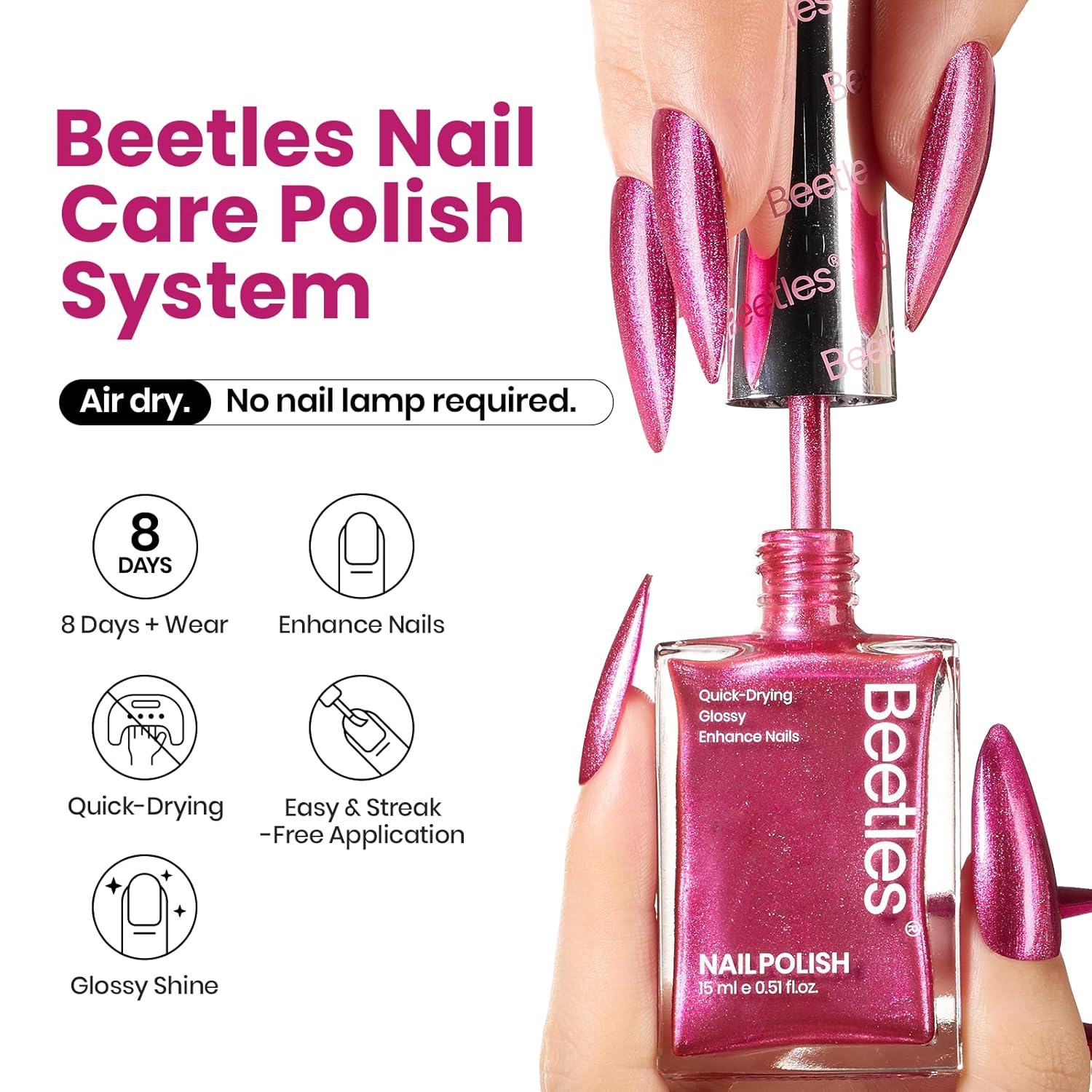 Beetles Hot Pink Nail Polish 15ml, Valentines Day Gifts for Women Fast Drying & Long Lasting Glitter Nail Polish Pink Nail Lacquer Glossy for DIY Nail Salon-Quality Results-Velvo Beauty