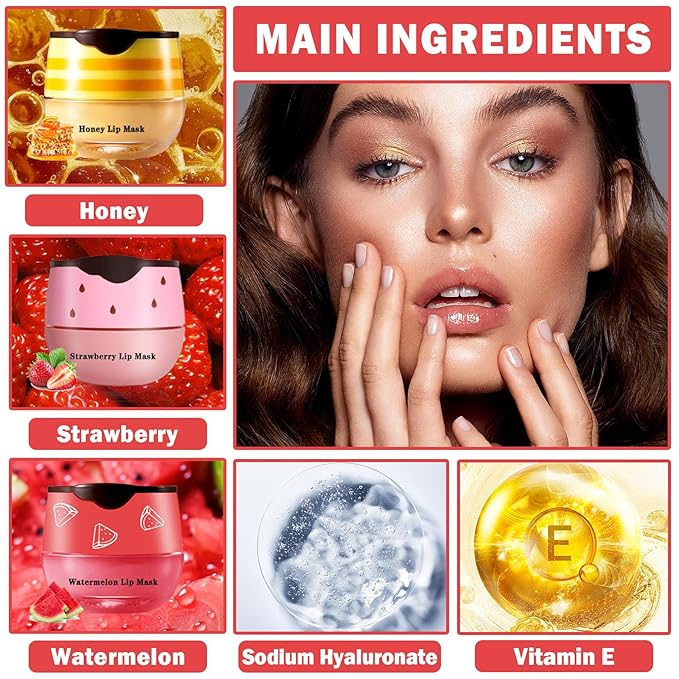 3PCS Bee Lip Balm Honey Pot Honey Strawberry Watermelon Lip Balm Sleeping Lip Mask Silky Hydrating Bee Lip Balm Honey Lip Mask Overnight Lip Care Products(Honey+Strawberry+Watermelon)-Velvo Beauty