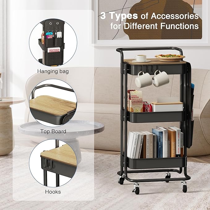 DTK 3 Tier Metal Utility Rolling Cart with Table Top and Side Bags, Tray Storage Organizer Wheels, Art Craft 4 Hooks for Kitchen Bathroom Office Living Room (Black)-Velvo Beauty