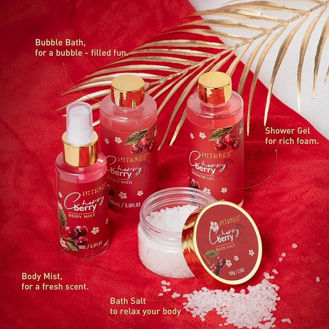 Spa Gifts for Women, Cherry & Berry Spa Gift Set for Teenage Tote Bag, Shower Gel, Hand & Body Lotion, Hitrees Birthday for Best Friend Woman, Mom, Mothers Day-Velvo Beauty