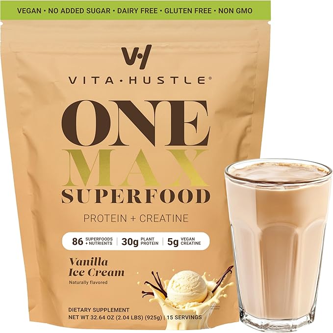 VitaHustle ONE Max Protein Powder, 30g Plant Protein + 5g Creatine, All-in-One Meal Replacement Shake with Greens, Adaptogens, Ashwagandha, Probiotics & Vitamins – Vanilla Ice Cream, 15 Servings-Velvo Beauty