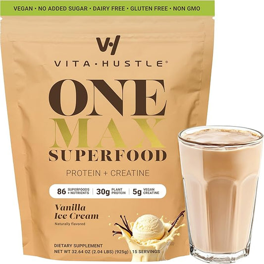 VitaHustle ONE Max Protein Powder, 30g Plant Protein + 5g Creatine, All-in-One Meal Replacement Shake with Greens, Adaptogens, Ashwagandha, Probiotics & Vitamins – Vanilla Ice Cream, 15 Servings-Velvo Beauty
