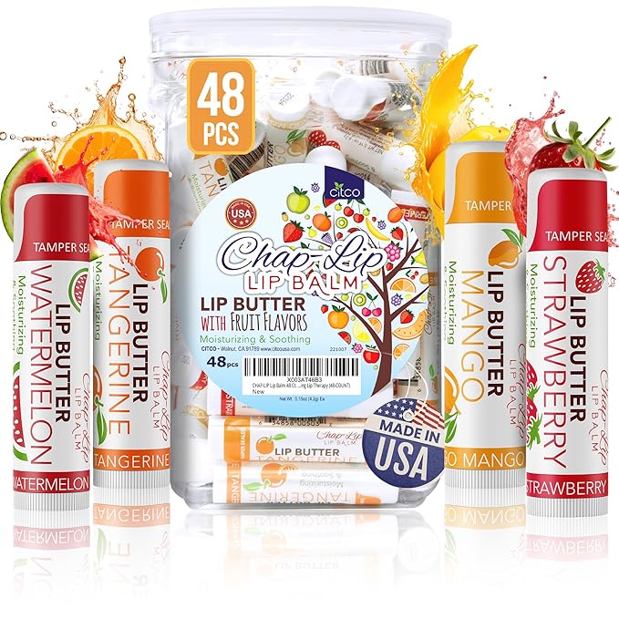 CHAP-LIP Original Lip Balm Hydrating Bulk Chap Stick with Fruit Flavors, Coconut Oil, and Cocoa Butter - Lip Therapy Pack for Men and Women - Gift Set Made in the USA, 48 Pack-Velvo Beauty