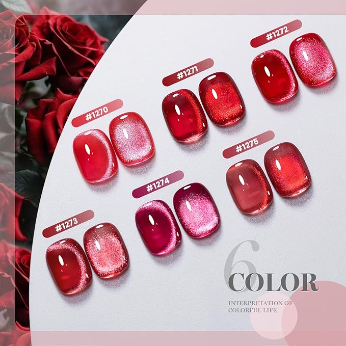 RARJSM Red Cat Eye Gel Nail Polish Set 6 Pcs Smoothie Ceramic Silver White Glitter Shimmer Burgundy Cherry Dark Wine Red Velvet Diamond Cateye Gel Polish with Magnetic Stick Soak off Curing Require-Velvo Beauty