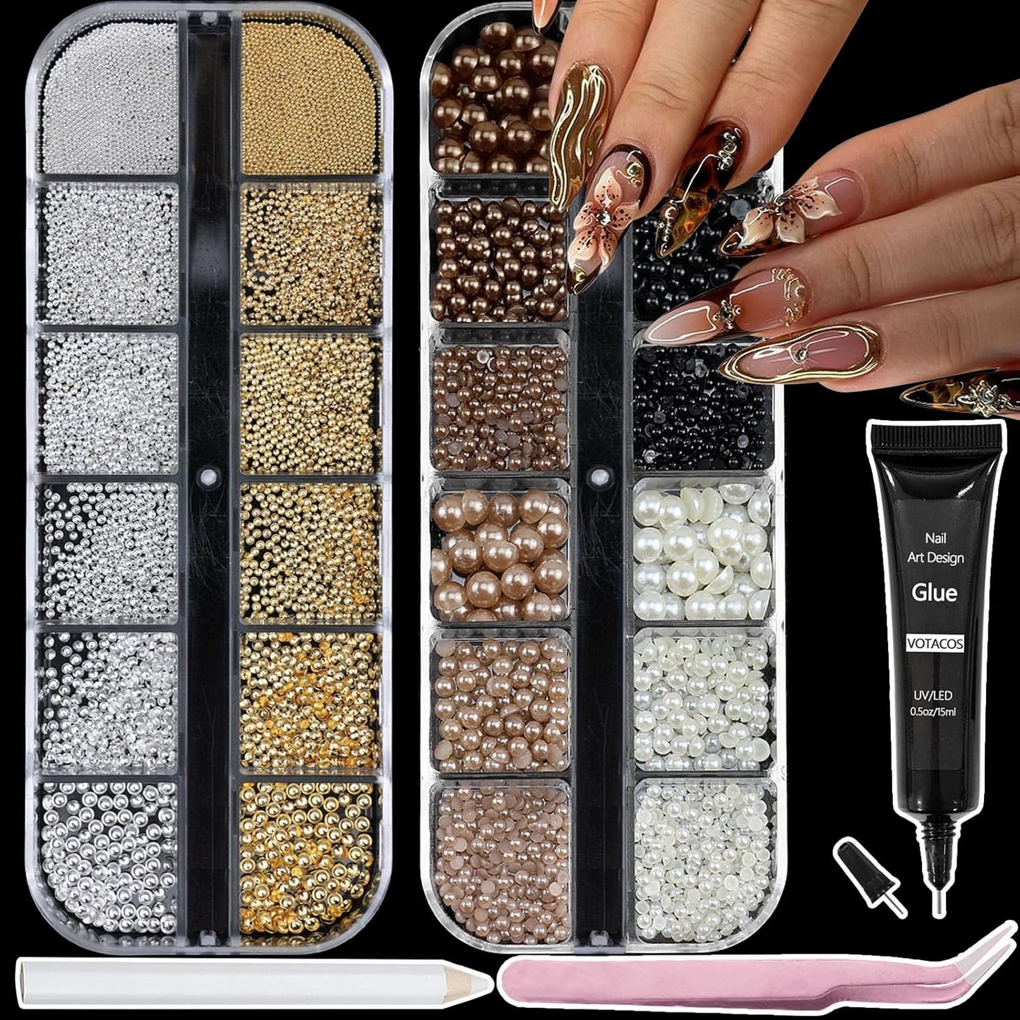 Nail Art Pearls with Glue Gel Flatback Brown Black 4 Colors Nail Charms Pearls Mixed Size 0.03-0.18in Nails Gems Pearl Accessories for Women Nails Design Decoration-Velvo Beauty