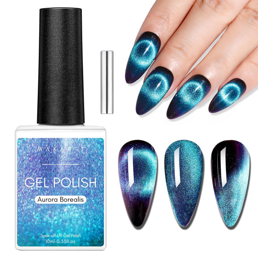 Makartt Blue Cat Eye Gel Nail Polish: Magnetic Glitter Gel Polish Soak-Off UV/LED with Aurora Effect, Long-Lasting Black Hole Shine, Comes with Magnet Stick Salon Home Nail Art 10ml-Velvo Beauty