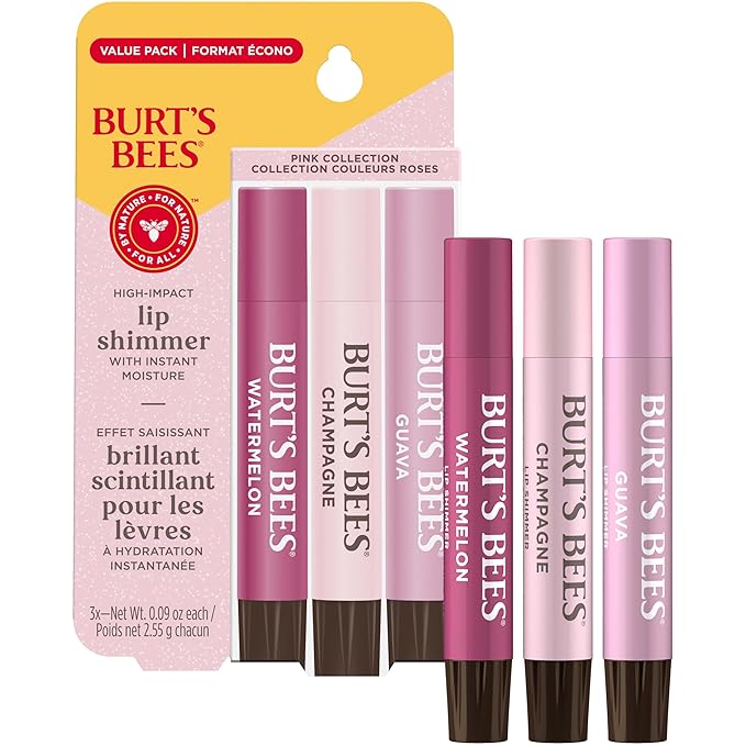 Burt's Bees Lip Shimmer Pink Collection, Tinted Lip Balm Stick, Moisturizing for All Day Hydration with Natural Glowy Pigmented Finish & Buildable Color, 3 Shades; Value Pack, 3 Tubes x 0.09 Oz-Velvo Beauty