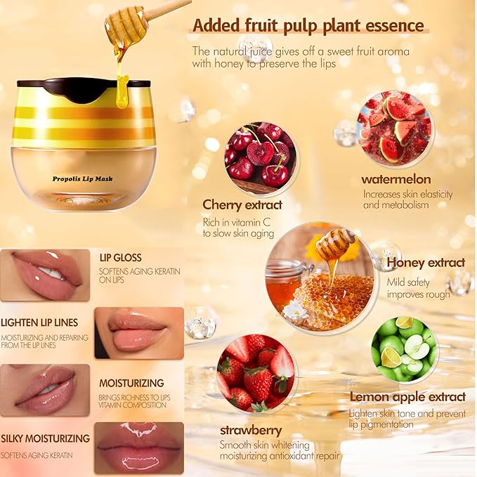 4Pcs Honey Lip Balm Honey Pot Strawberry & Propolis Balm Honey Lip Mask Hydrate Moisturizing Repair Prevent Lip Care Moisturizing Lip Balm Set-Velvo Beauty