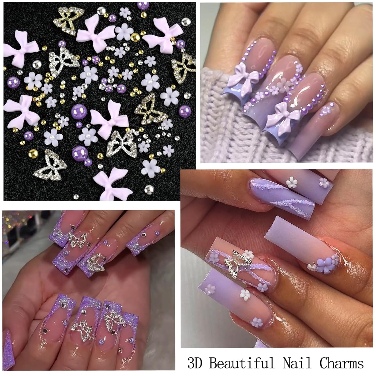 Nail Art Charms with Rhinestones Glue Gel Purple Flatback Pearls Flower Butterfly Nail Gems Supplies Accessories Gold Silver Nails Pearls for Women Nails Design Decoration-Velvo Beauty