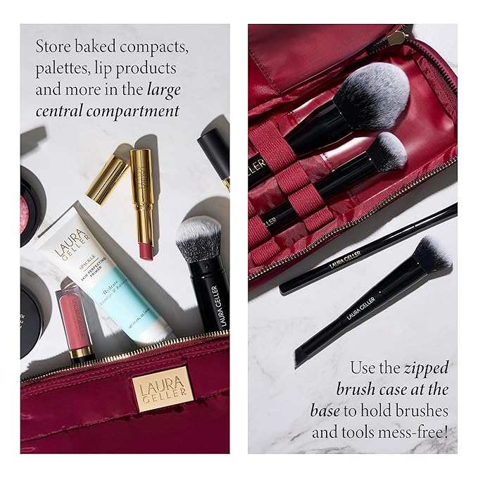 LAURA GELLER NEW YORK Quilted Makeup Bag with Brush Case, Burgundy - Toiletry Bag Organizer for Travel - Large Capacity Full Size Makeup Bag - Easy to Clean-Velvo Beauty