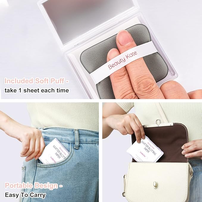 2 Pack Matter Blotting Paper for Oily Skin Total 100 Sheets with Mirror Case and Makeup Puff - Easy Dispensing Oil Blotting Sheets for Face,Makeup Friendly Oil Absorbing Sheets-Velvo Beauty