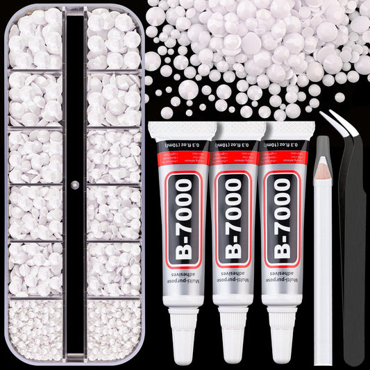 Resin Rhinestones for Crafting with B7000 Jewelry Glue, 1 Box White Flatback Crystals with 3Pcs 10ml Glue for Bedazzling Crafts DIY Nail Art Makeup，Non Hotfix Gems for Clothing Shoes-Velvo Beauty