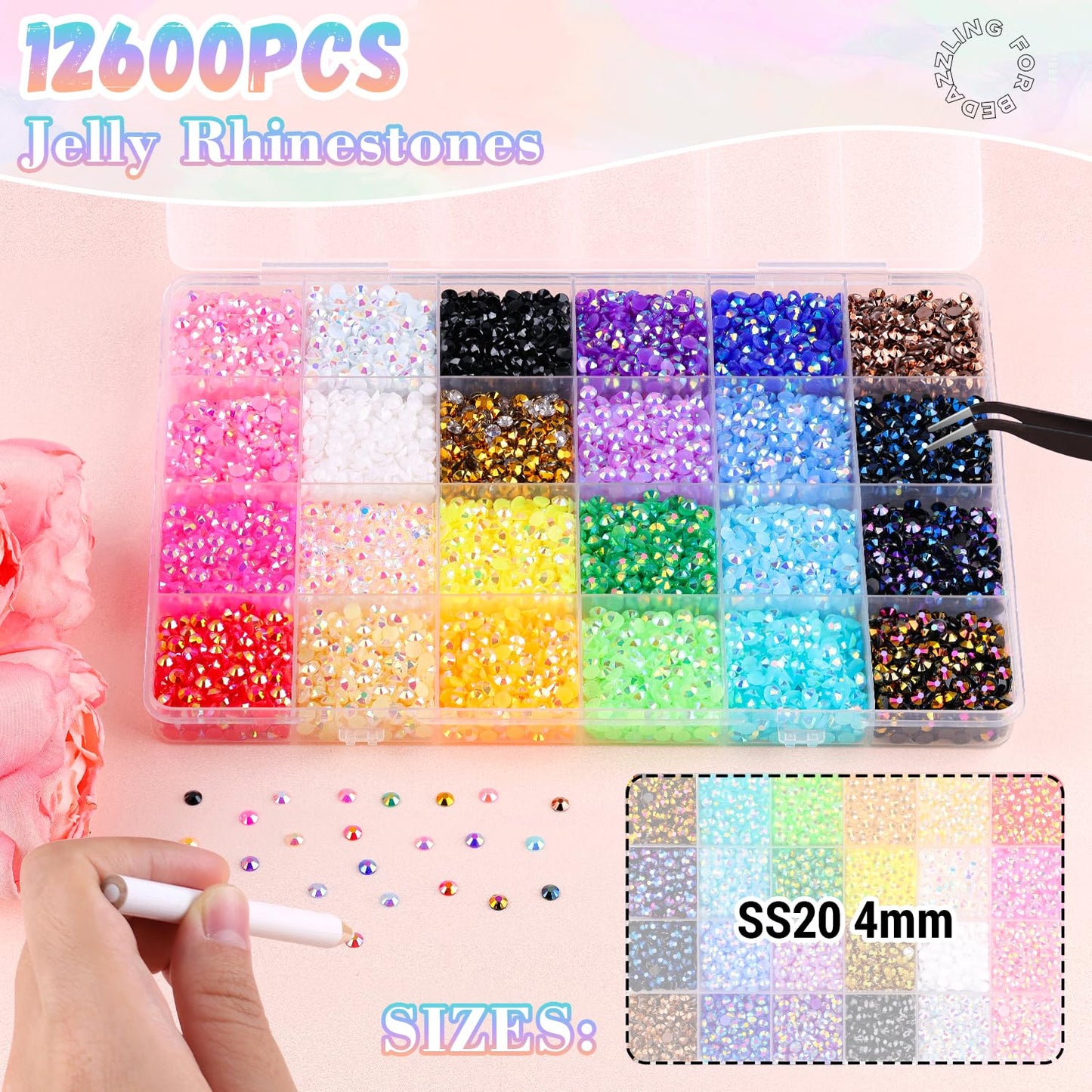 12600Pcs Resin Rhinestones for Bedazzling with B7000 Jewelry Glue, Colorful 4mm Non Hotfix Flatback Gems, Rhinestones for Crafting DIY Crafts Clothing Tumblers Mugs Shoes Fabric Decor Nail Art-Velvo Beauty
