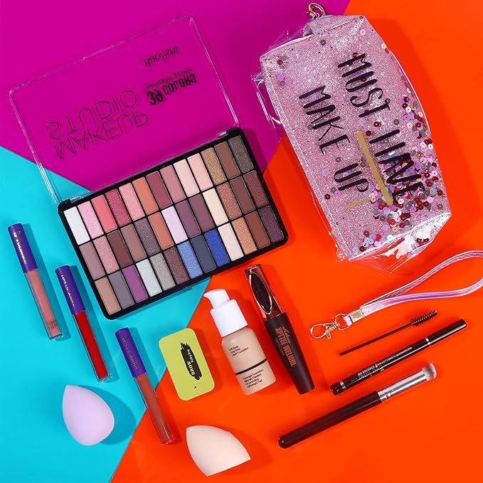 Makeup Set For Women Full Kit - 39 Colors Nude Smokey Eyeshadow Palette, Liquid Foundation + Concealer Brush, Black Mascara Eyeliner Pen, Matte Liquid Lipstick Set, Eyebrow Soap Gel Kit, Makeup Sponges with Makeup Bag Gift Set-Velvo Beauty