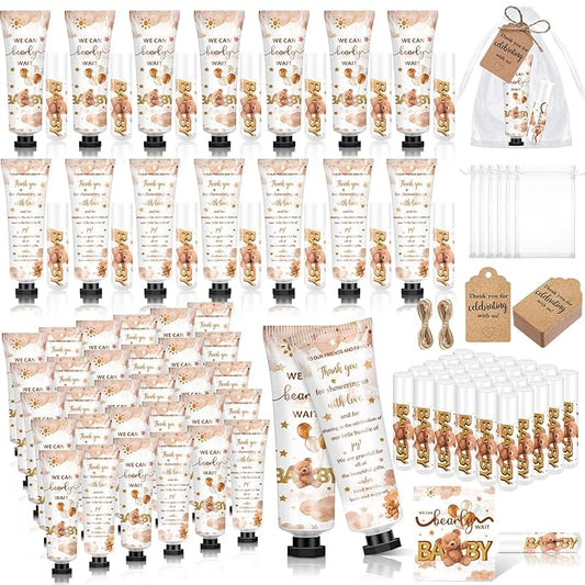 50 Sets 200 Pcs Baby Shower Hand Lotion and Lip Balm Gift Theme Baby Shower Party Favors Travel Size Hand Lotion and Lip Balm Bulk with Organza Bags Tags(Bear)-Velvo Beauty