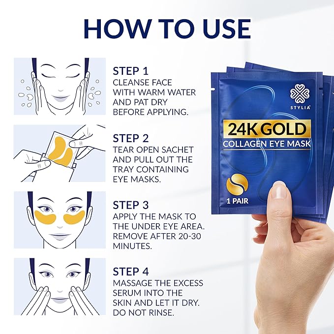 Stylia Under Eye Patches for Puffy Eyes and Dark Circles (20 Pairs) - 24k Gold Under Eye Mask with Vitamin C, Hyaluronic Acid, Pearl Extract - Eye Masks for Dark Circles and Puffiness-Velvo Beauty