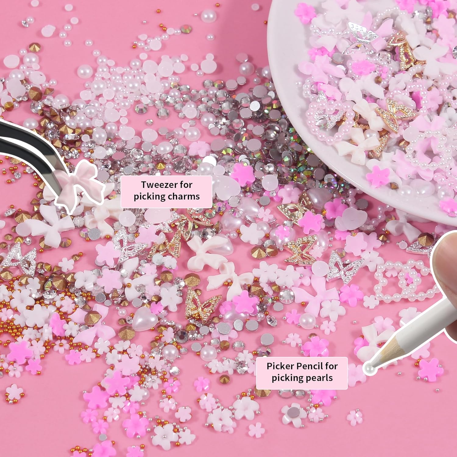 Artdone Nail Art Studs Kit, 12 grids 8 Colors 3D Charms and Pink Mix White Flower Heart Diamond Butterfly Cute Nail Jewels for DIY Decoration with Pickup Tools-Velvo Beauty