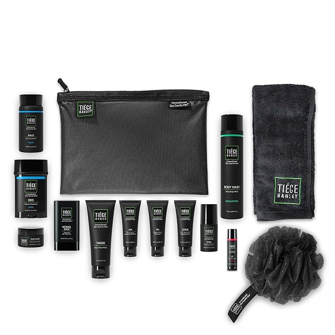 Tiege Hanley Mens Skin Care Gift Box Set, Platinum - Men's Skincare Set Includes Face Wash, AM & PM Moisturizer, Scrub, Eye Cream, Clay Mask, Retinol Stick, Body Wash, Deodorant, Lip Balm-Velvo Beauty