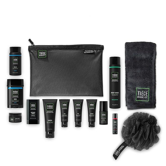 Tiege Hanley Mens Skin Care Gift Box Set, Platinum - Men's Skincare Set Includes Face Wash, AM & PM Moisturizer, Scrub, Eye Cream, Clay Mask, Retinol Stick, Body Wash, Deodorant, Lip Balm-Velvo Beauty