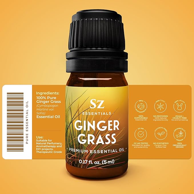 – Ginger Grass Essential Oil – 100% Pure & Undiluted (Cymbopogon martinii VAR. Sofia)– Fresh Citrusy Earthy Aroma – Aromatherapy, Perfumery, Skin Care – Therapeutic Grade - 1/6 oz. 5 mL-Velvo Beauty