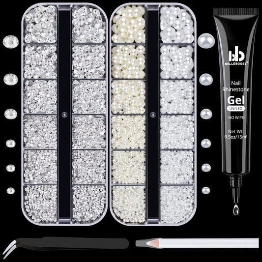 Nail Art Rhinestone Glue Gel&2 Boxes Flatback Gems Kit, 1 Tube of 15ml Rhinestone Gel Glue(UV/LED Needed)+Round Clear Gems+Flat-Back Half Round White&Beige Pearls with Pickup Tools-Velvo Beauty