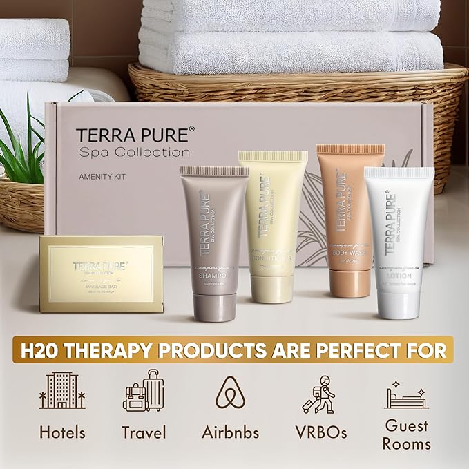 Terra Pure Spa Collection Amenity Kit | Hotel Toiletries | Bulk Set 0.85 oz Travel Size Shampoo,Conditioner, Lotion, Body Wash & Massage Bar for Guest Hospitality AirBnB/Vacation Rentals |1 set/ case-Velvo Beauty