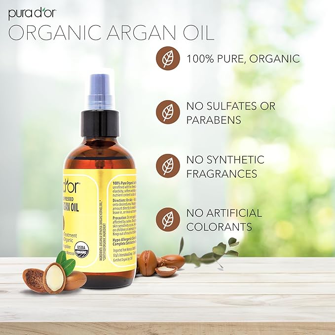 PURA D'OR 4 Oz ORGANIC Moroccan Argan Oil - USDA Certified 100% Pure & Cold Pressed Virgin Premium Grade Natural Moisturizer Treatment For Dry, Damaged Skin, Hair, Face, Body & Scalp - Men & Women-Velvo Beauty
