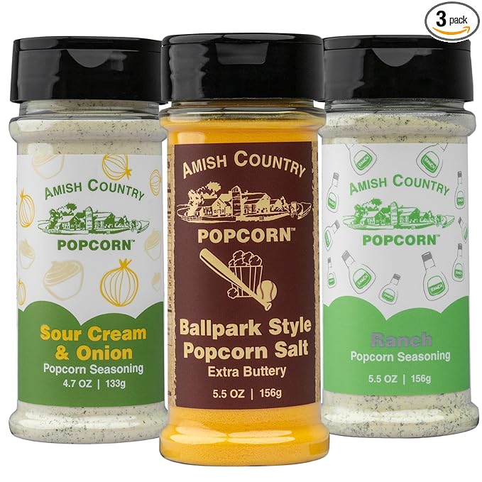 Amish Country Popcorn | Seasoning Variety Pack | Ballpark Style ButterSalt - 5.5 oz, Ranch - 5.5 oz & Sour Cream and Onion - 4.7 oz Popcorn Seasoning | Old Fashioned, Non-GMO and Gluten Free-Velvo Beauty
