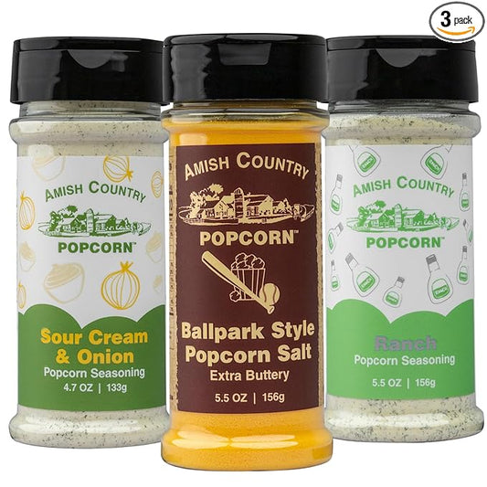 Amish Country Popcorn | Seasoning Variety Pack | Ballpark Style ButterSalt - 5.5 oz, Ranch - 5.5 oz & Sour Cream and Onion - 4.7 oz Popcorn Seasoning | Old Fashioned, Non-GMO and Gluten Free-Velvo Beauty