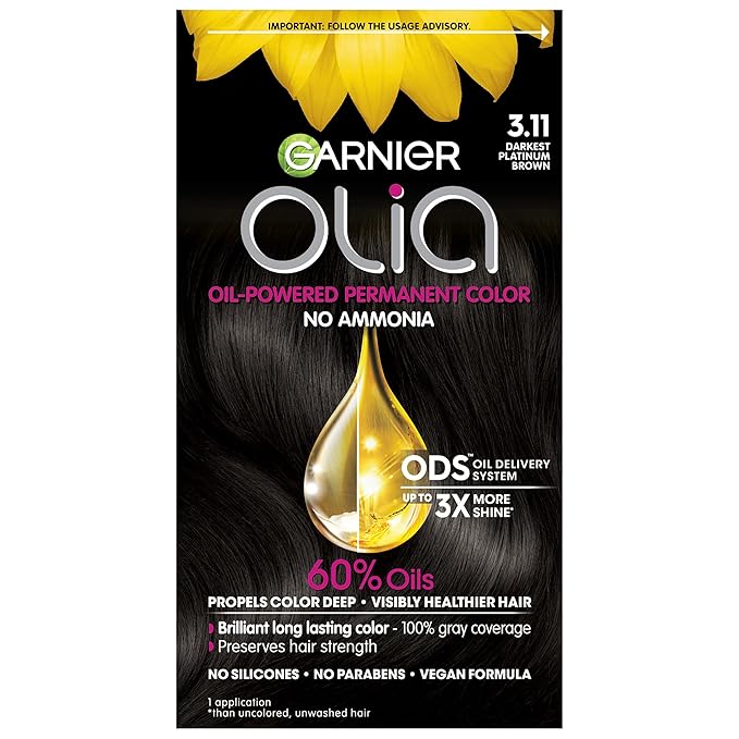 Garnier Hair Color Olia Ammonia-Free Brilliant Color Oil-Rich Permanent Hair Dye, 3.11 Darkest Platinum Brown, 1 Count (Packaging May Vary)-Velvo Beauty