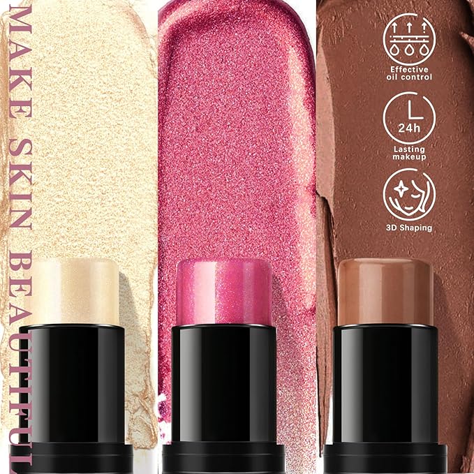 3Pcs Contour Highlighter Cream Blush Stick for Cheeks Eyes Lips Lightweight Dewy Finish Blush Stick Waterproof Long Lasting Contour Stick Trio Wand Face Makeup Set for Girls and Women (1+3+4)-Velvo Beauty