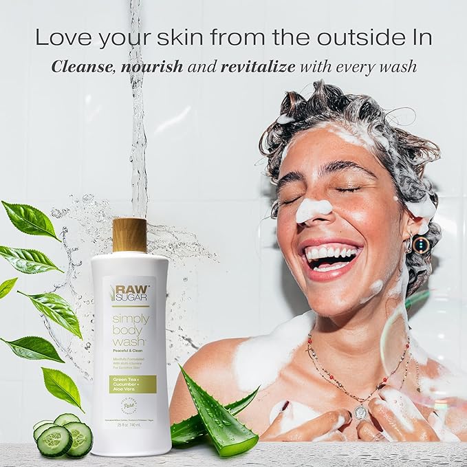 RAW SUGAR Sensitive Skin Simply Body Wash - Green Tea + Cucumber + Aloe Vera, Moisturizing & Brightening Bath & Shower Gel, Sulfate-Free, Paraben-Free & Vegan (Pack of 3)-Velvo Beauty