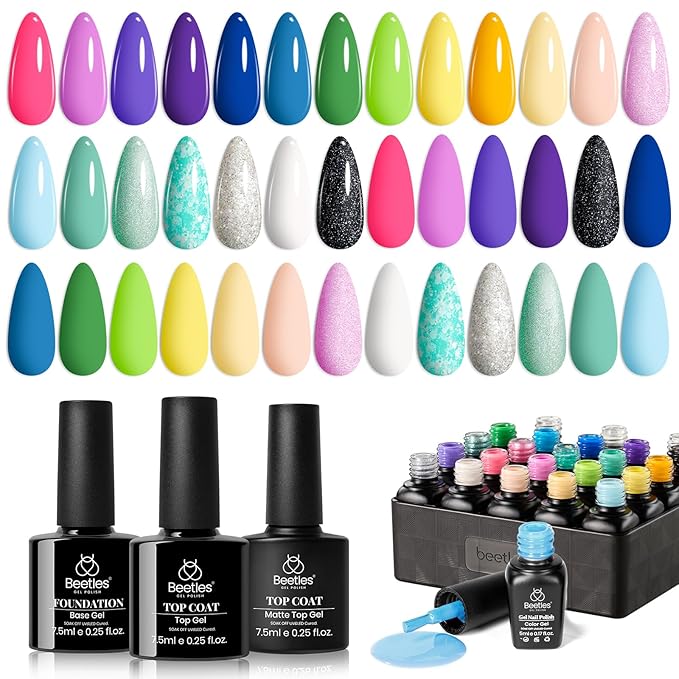 Beetles Summer Gel Nail Polish Set, 20 Colors Pastel Neon Pink Yellow Green Blue White Glitter Gel Nail Polish Kit Base Coat Matte Glossy Top Coat Soak off Uv Gift for Women-Velvo Beauty