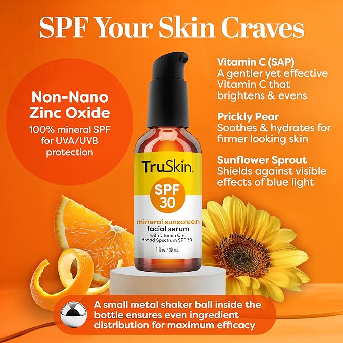 TruSkin Sunscreen Serum for Face – SPF 30 Universal Tinted Mineral Sunscreen Face Serum – Lightweight Transparent Finish – Zinc Oxide, Vitamin C, Hyaluronic Acid, Ceramides, All Skin Types, 1 fl oz-Velvo Beauty