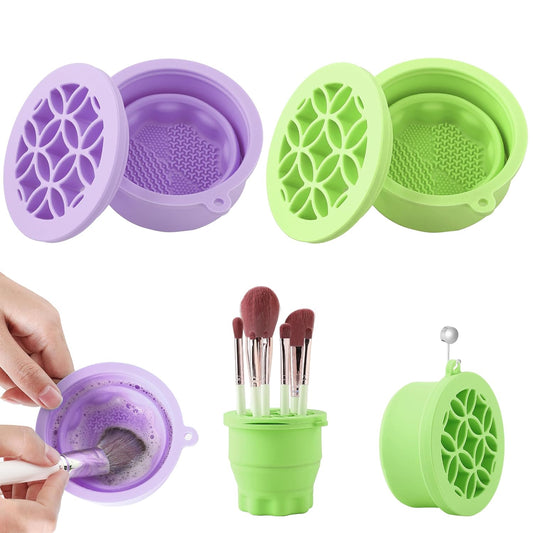 Makeup Brush Cleaner - Foldable Silicone Makeup Brush Cleaner Mat with Brush Storage Holder Makeup Brush Cleaning Bowl Cosmetic Brush Washing Tool for Cleaning Organizer and Drying (Purple and Green)-Velvo Beauty
