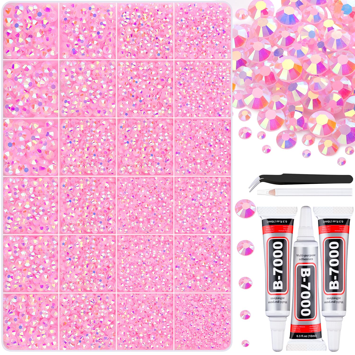 30000Pcs Resin Light Pink AB Rhinestones for Bedazzling Crafting with b7000 Jewelry Glue, Bulk Flatback Gems Bedazzler Kit for Crafts Clothes Shoes Fabric Nail Diamond Art, Assorted Size 2/3/4/5/6mm-Velvo Beauty