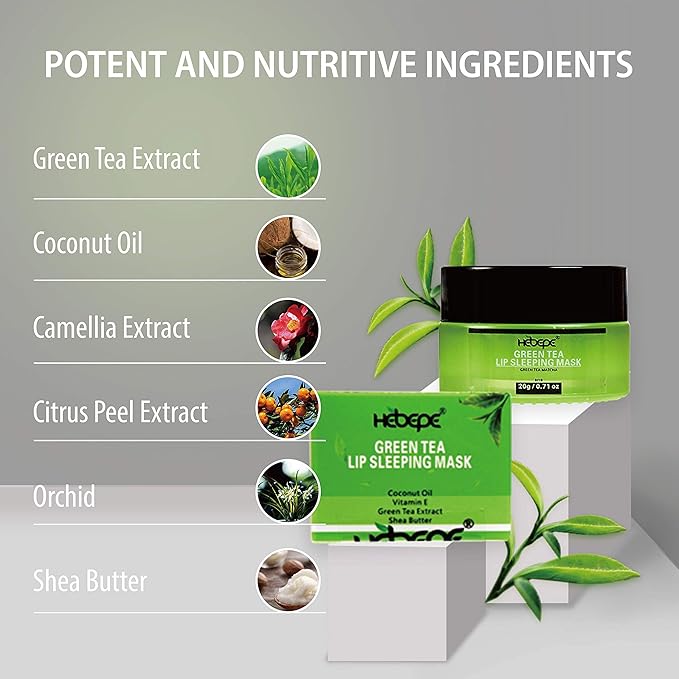 Green Tea Matcha Lip Sleeping Mask Overnight with Applicator, Dry Lips Treatment with Coconut Oil, Vitamin E, Fig Extract, Orchid, and Shea Butter, Moisturizer for Dry, Chapped, Cracked Lips-Velvo Beauty