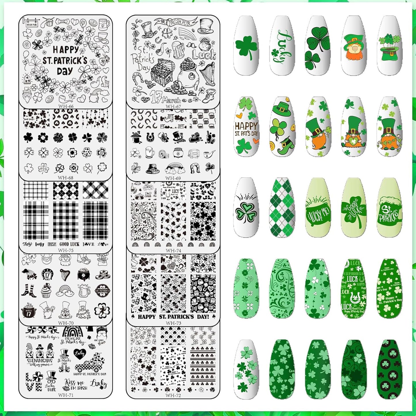 Whaline 10Pcs St. Patrick's Day Nail Art Stamping Plates Kit Shamrock Gnome Image Stamp Templates Irish Nail Art Plates for Holiday DIY Print Manicure Salon Design Gift-Velvo Beauty