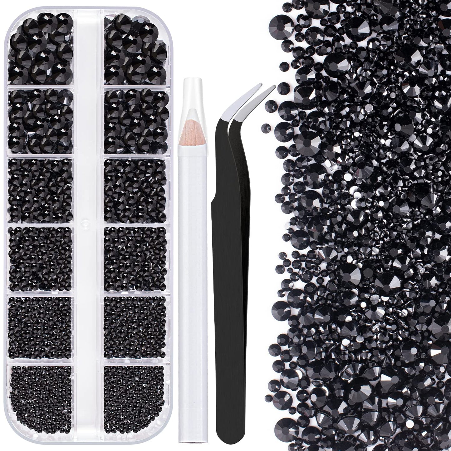 One Pack 2000 Pcs of Flatback Round Black Rhinestones 6 Sizes (1.5-6 mm) with Nail Art Rhinestone Picker Pencil and Tweezers for DIY and Salon Use-Velvo Beauty