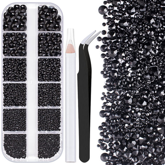 One Pack 2000 Pcs of Flatback Round Black Rhinestones 6 Sizes (1.5-6 mm) with Nail Art Rhinestone Picker Pencil and Tweezers for DIY and Salon Use-Velvo Beauty