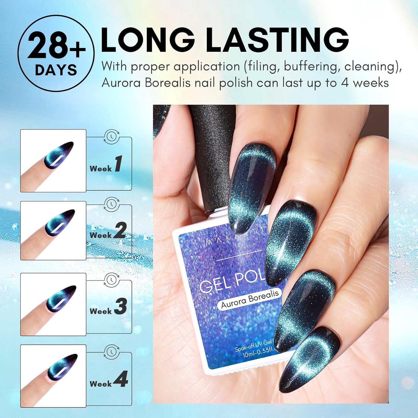 Makartt Blue Cat Eye Gel Nail Polish: Magnetic Glitter Gel Polish Soak-Off UV/LED with Aurora Effect, Long-Lasting Black Hole Shine, Comes with Magnet Stick Salon Home Nail Art 10ml-Velvo Beauty