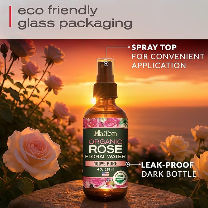 Ella & Eden Organic Rose Water Spray for Face, Hair 4 Fl Oz | USDA Certified 100% Pure Steam Distilled Hexane-Free | Hydrating, Refreshing Facial Mist for All Skin Types-Velvo Beauty