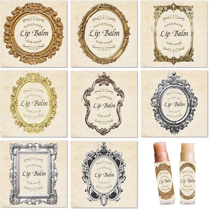 CRASPIRE 80Pcs 8 Styles Lip Balm Sticker Retro Photo Frame Self-Adhesive Homemade Lip Balm Labels Vintage Square DIY Label Stickers for Lip Balm Containers Cosmetics Lipsticks-Velvo Beauty