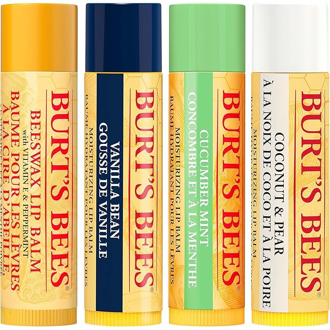 Burt's Bees Holiday Gift, 4 Lip Balms Stocking Stuffer, Assorted Mix Set, Classic Beeswax, Vanilla, Cucumber Mint & Coconut And Pear-Velvo Beauty