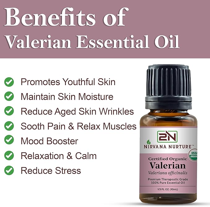 Valerian Essential Oil USDA Certified Organic 100% Pure Premium Therapeutic Grade, Undiluted - Aromatherapy Diffuser for Calm and Relaxation, Skin Care, Hair Care-Velvo Beauty